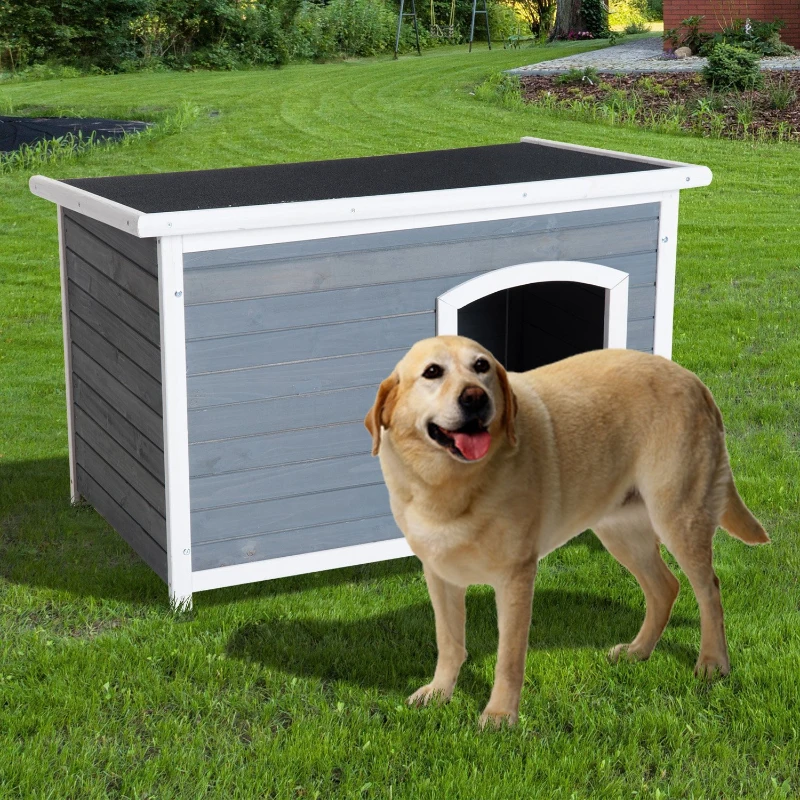 PawHut 46” x 31” Wooden Rustic Outdoor Elevated Dog House With Hinged Roof