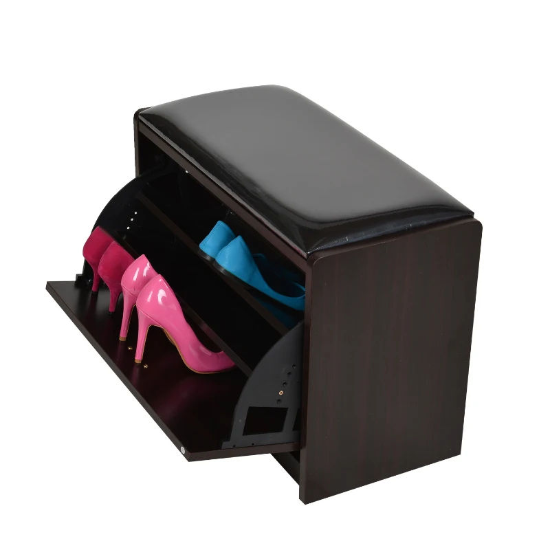 HomCom Compact Wooden Cube Ottoman 9 Pair Shoe Rack Storage Bench - Dark Brown Wood Grain