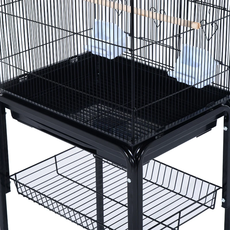 PawHut 63" Large Metal Wire Indoor Bird Cage Playhouse Kit with Detachable Rolling Stand, Storage Basket, and Accessories - Black