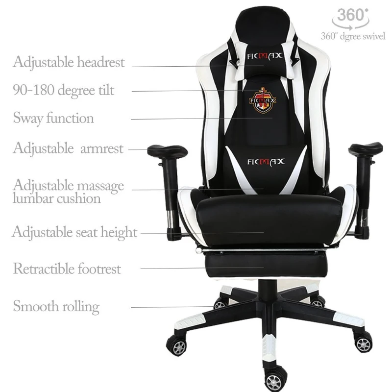Ficmax Large Size Executive Racing Style Computer Gaming Chair with Lumbar Massage Support and Retractible Footrest - White/Black