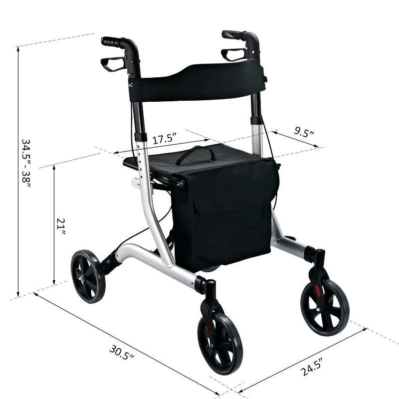 HomCom Aluminum Folding Rollator Walker w/ Seat and 8" Wheels