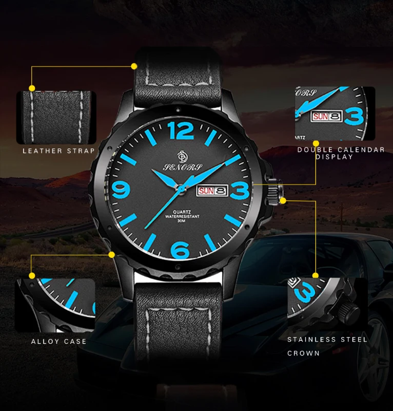 SENORS Mens Sports Watches Japan Movement Genuine Leather Band Three Quartz Movement Man Clocks Waterproof--black leather strap and blue dial plate