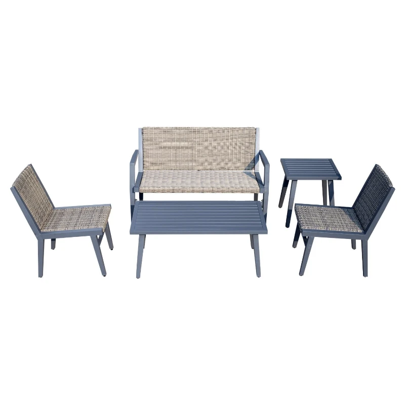 Outsunny 5 Piece Outdoor Patio Rattan Wicker Loveseat Conversation Set