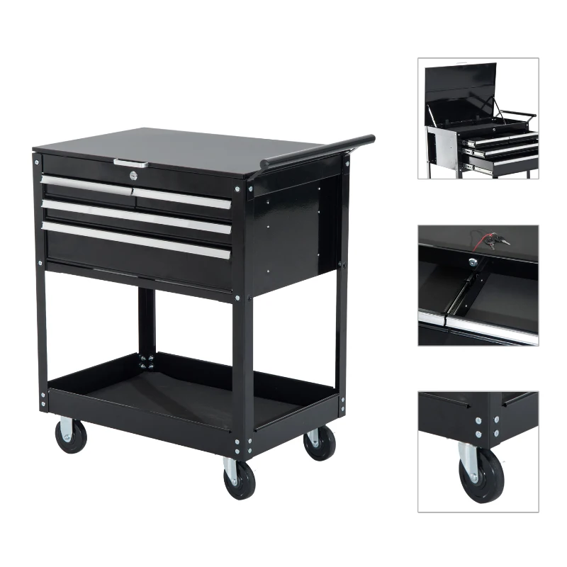 Open Box HomCom 4-Drawer Top Storage Rolling Tool Chest Cart - Black