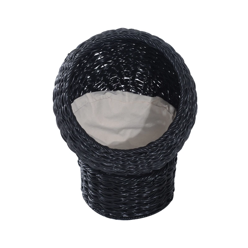 Pawhut 21" Hooded Rattan Wicker Elevated Cat Bed - Black/Beige