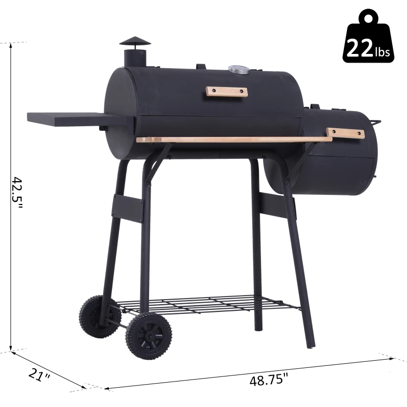 Outsunny 48" Steel Portable Backyard Charcoal BBQ Grill and Offset Smoker Combo with Wheels