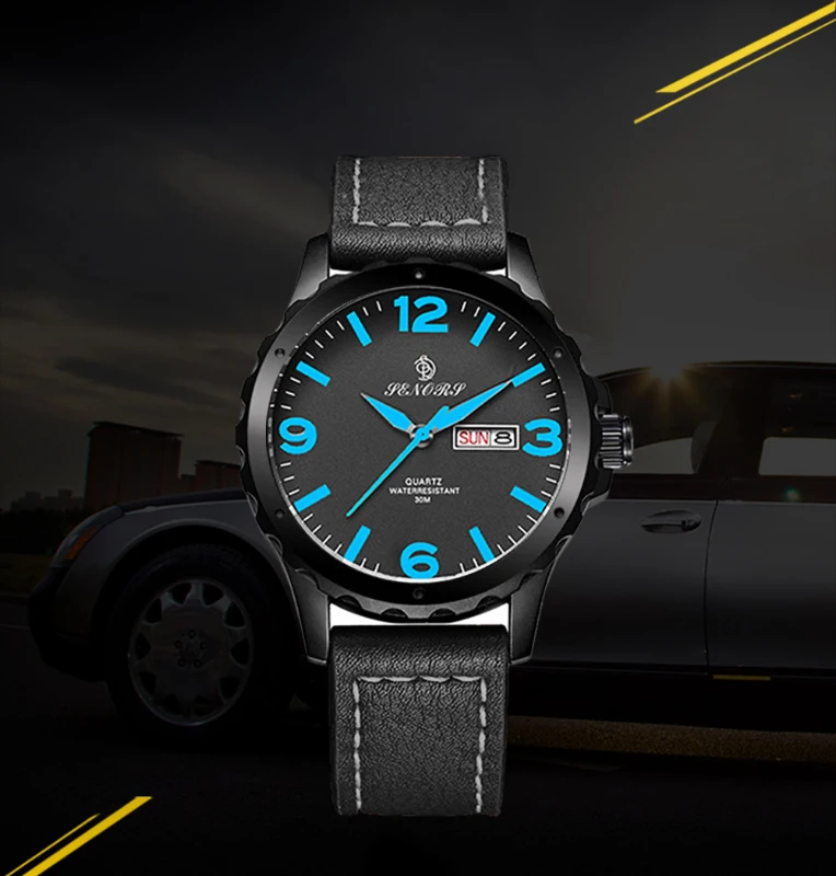 SENORS Mens Sports Watches Japan Movement Genuine Leather Band Three Quartz Movement Man Clocks Waterproof--black leather strap and blue dial plate