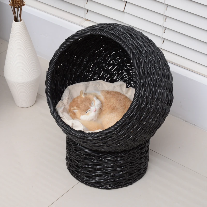 Pawhut 21" Hooded Rattan Wicker Elevated Cat Bed - Black/Beige
