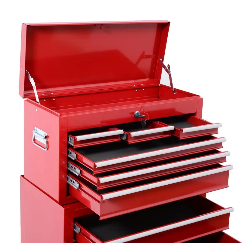 HomCom 2 Piece Rolling Tool Cabinet Combo Set with 8 Drawers and Removable Tool Box - Red