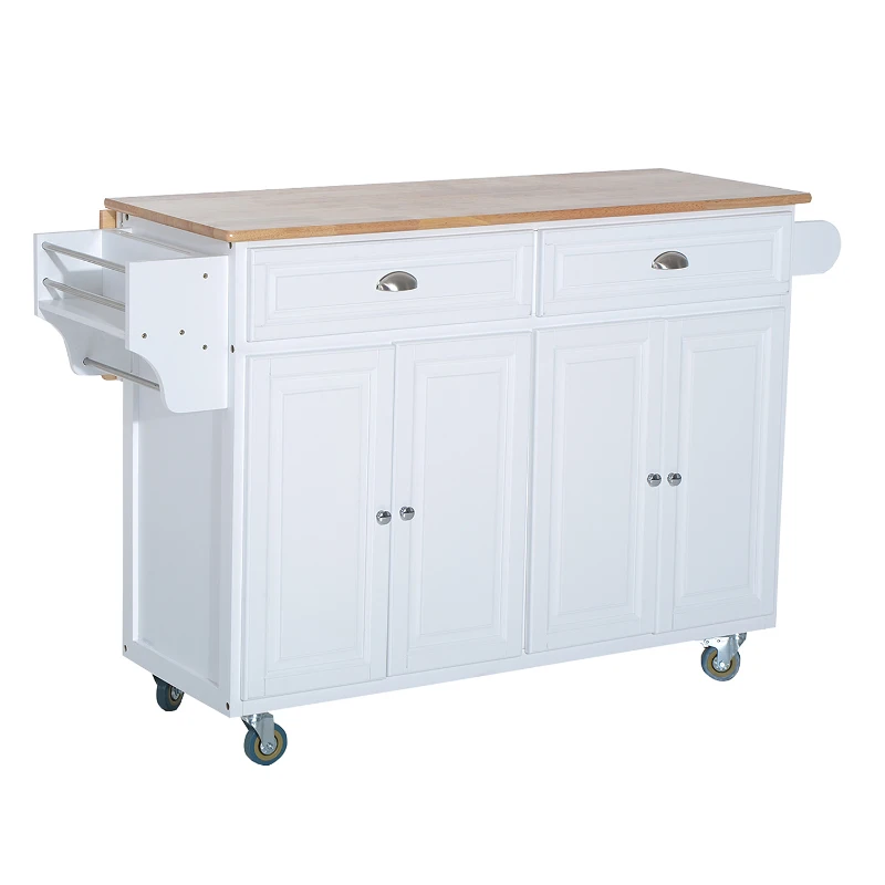 HomCom Kitchen Rolling Island Cart with Drawers Wood Top Drop-Leaf Table Cart on Wheels - White
