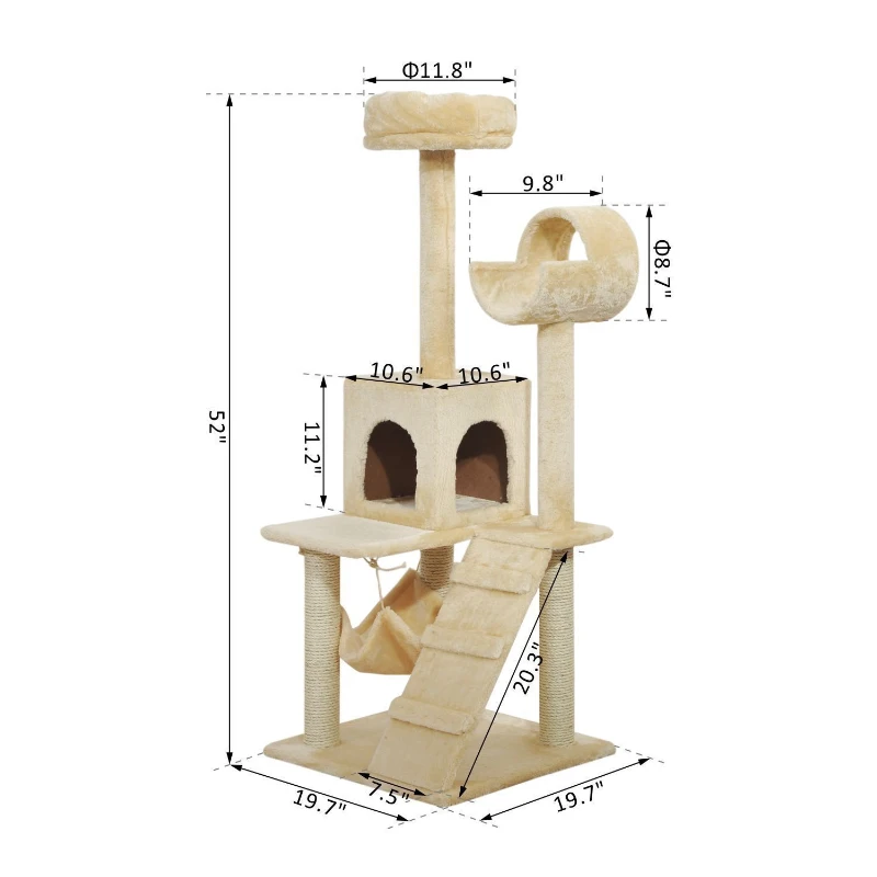 PawHut 52" Sisal Cat Scratcher Multi-Level Tree Interactive Playground Toy With Tunnel, Ramp, Perches