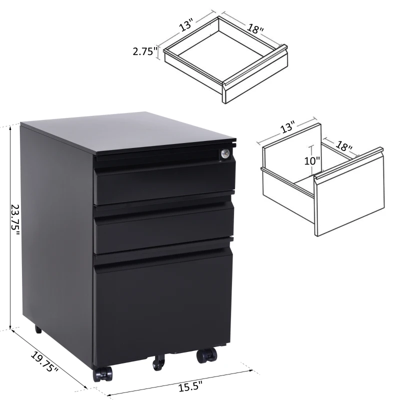 HomCom 24" Steel 3 Drawer Locking File Cabinet on Wheels - Black