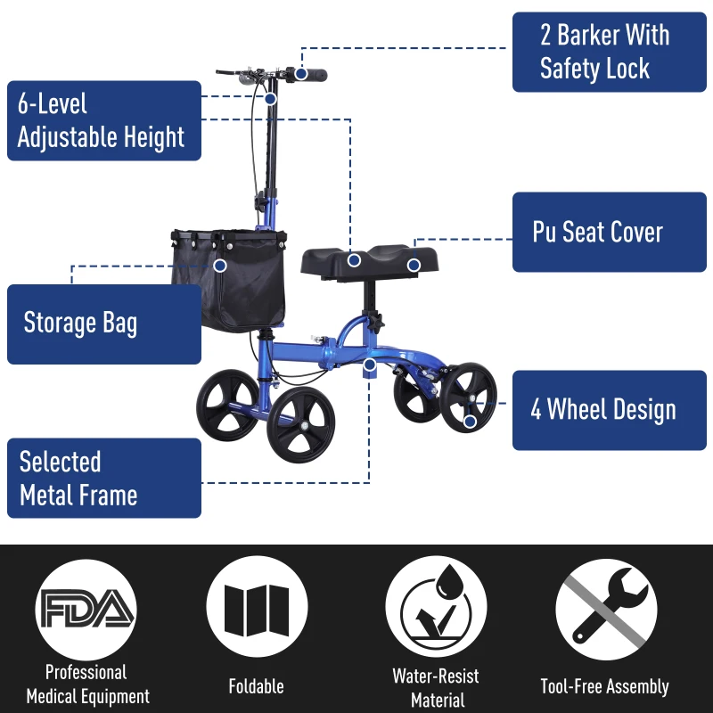 HOMCOM Foldable Dual Pad Steerable Leg Knee Walker Scooter for The Old Medical Walker Wheelchair with Basket Attachment - Blue