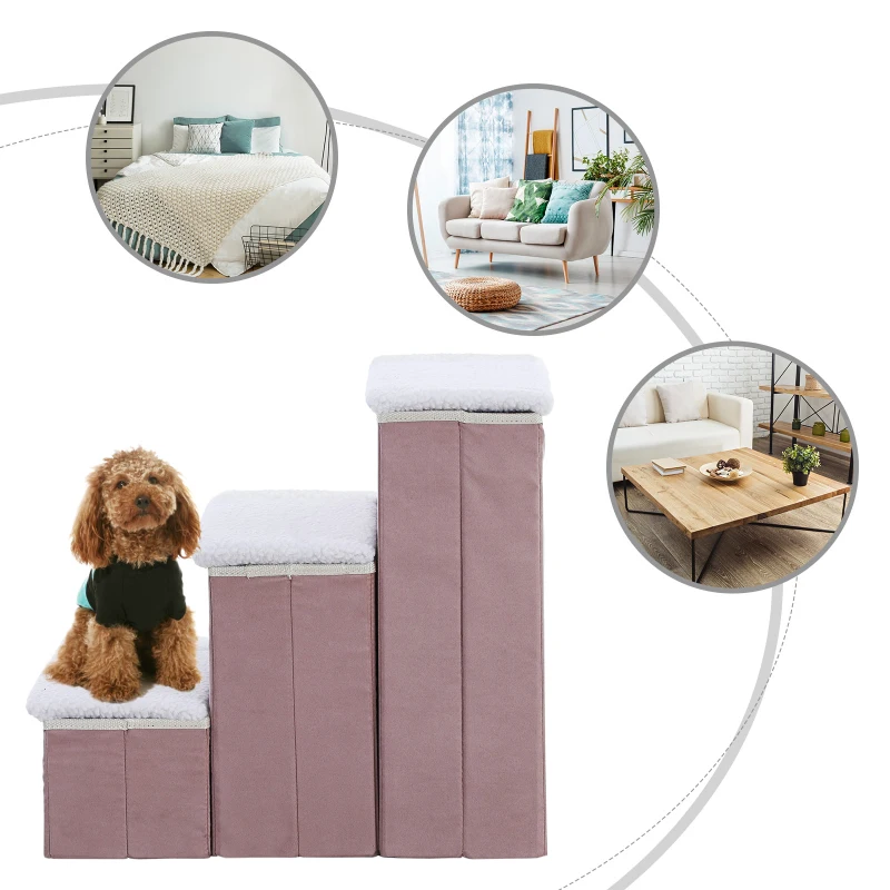 PawHut 3 Step Foldable Pet Stairs for Small Dogs  Suede Fleece  16” L x 20” H - Grey