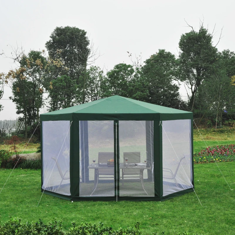Outsunny Outdoor Hexagon Gazebo Cathedral Style Roof Party Gazebo with Mesh Walls - Green