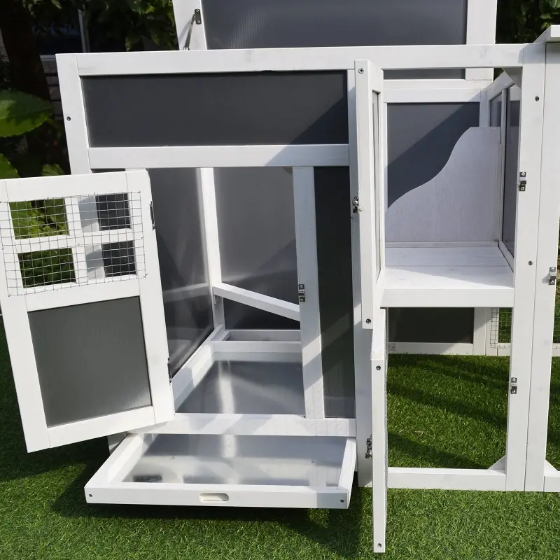 PawHut 32" Luxury Large Wooden Outdoor Open Covered Chicken Coop House with Run and Nesting Box - Gray and White