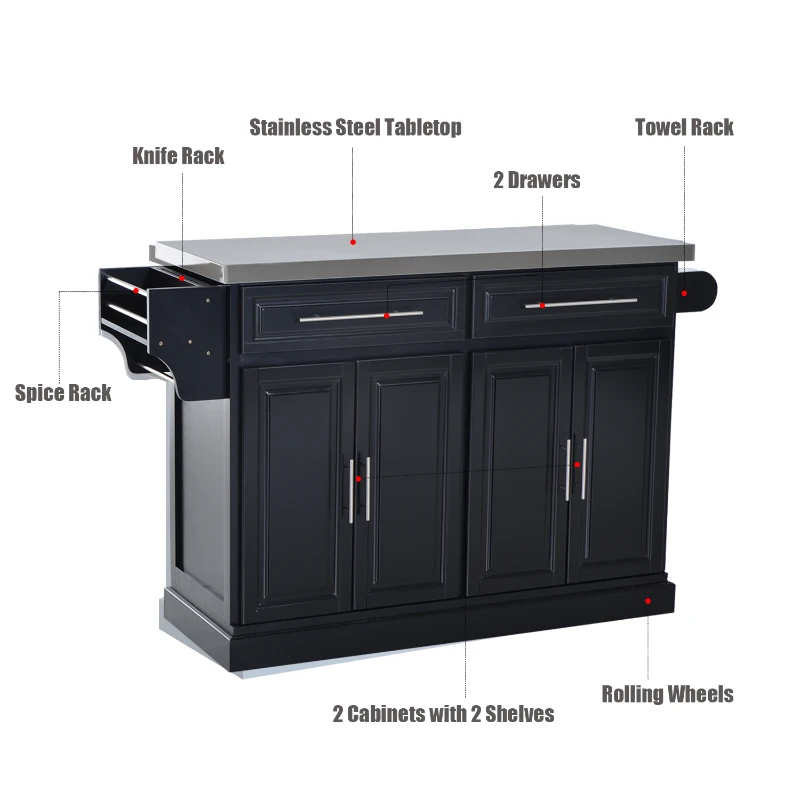 HomCom Modern Kitchen Rolling Island Cart Storage Cabinet with Stainless Steel Top - Black