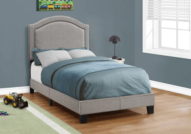 Monarch Twin Size Contemporary Upholstered Bed Frame with Chrome Nail Head Trim and Wood Legs - Grey Linen Look