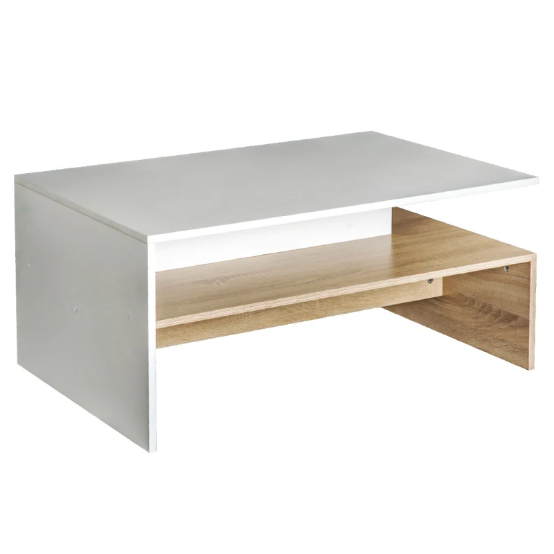 HOMCOM Modern Coffee Table,  2-tier Rectangular Center Table with Storage Shelves for Living Room, White/Natural Wood