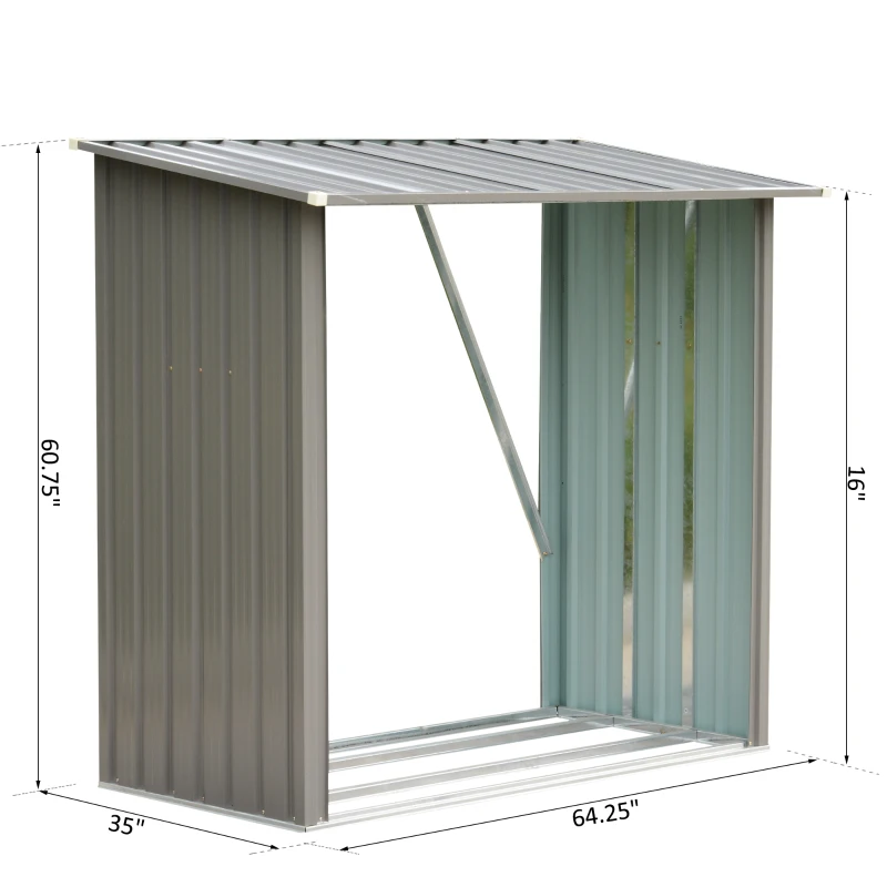 Outsunny 64" Steel Sturdy Firewood Covered Shed Storage Rack - Grey