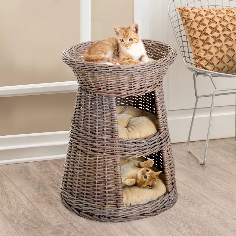 PawHut 24" 3 Tier Round Rattan Wicker Elevated Cat Bed Condo with Cushions