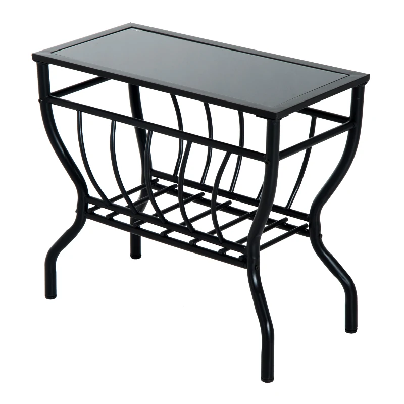 HomCom Metal Magazine Rack End Table w/ Glass Top - Black Glass Top