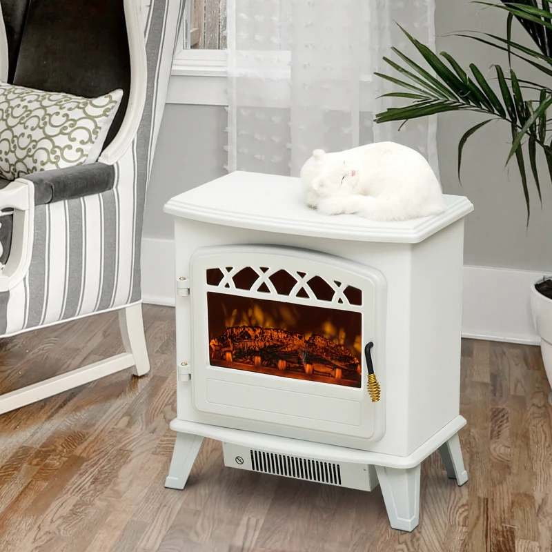 HomCom 20" 1500W Free Standing Electric Wood Stove Fireplace Heater - White