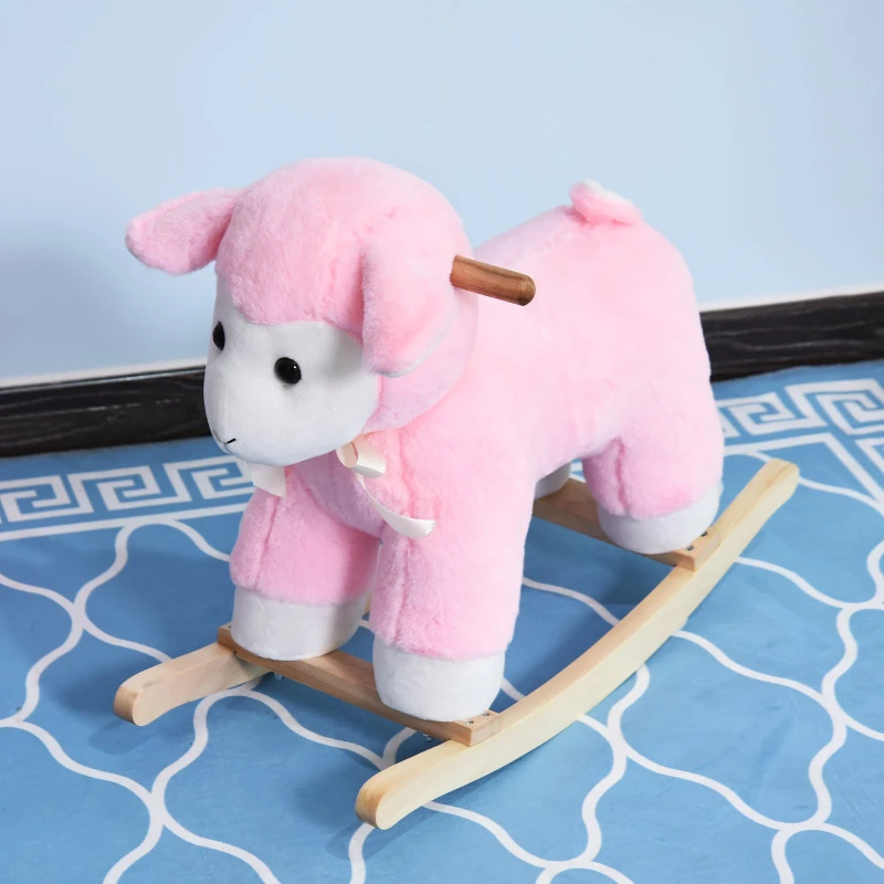Qaba Lamb Rocking Horse Sheep Stuffed Animal Ride On Rocker for Kids / Nursery - Wooden Plush - Pink