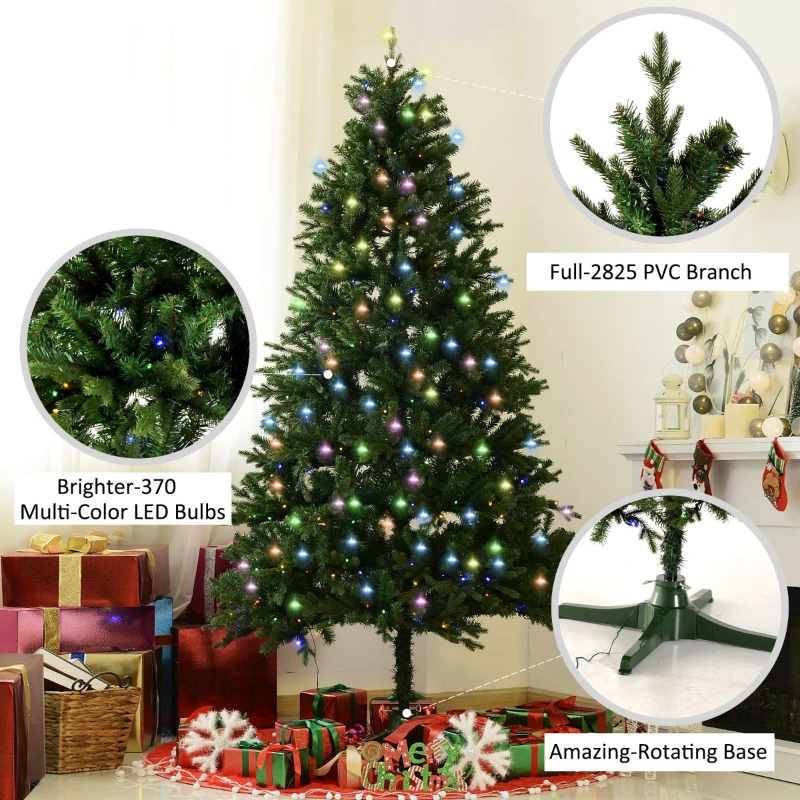 HomCom 6.9' PVC Needles Rotating Prelit Artificial Pine Christmas Tree - Green
