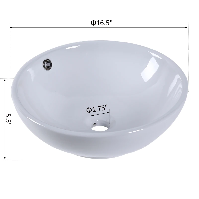 Kleankin 16.5"D Round Above Counter Vessel Sink Porcelain Ceramic Bathroom Vanity Sink Art Basin - Glossy White