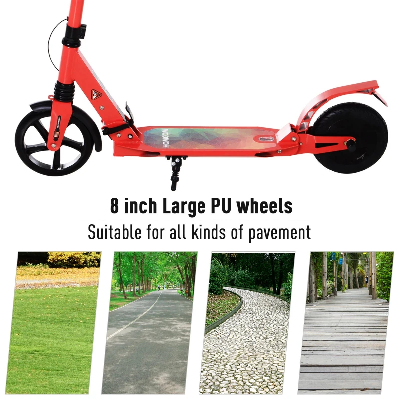 HOMCOM Kick E-Scooter Folding Adjustable - 8" Solid Wheels - Designed For Ages 14+ - Red