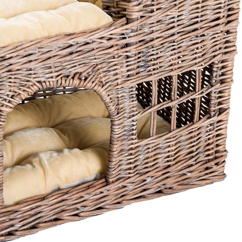 Pawhut 3-Tier Handcrafted Wicker Cat Condo Lounge Bed Indoor Outdoor Play House w/ Soft Cushions