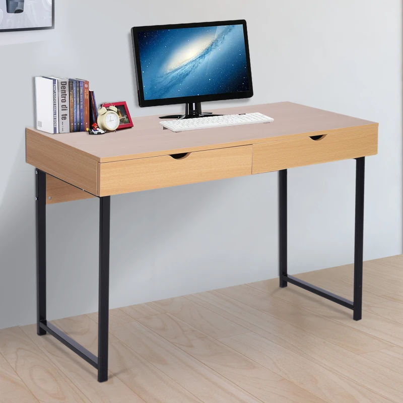 HomCom 20" Wood Metal Modern Computer Desk with Slide Out Drawers - Natural Wood / Black