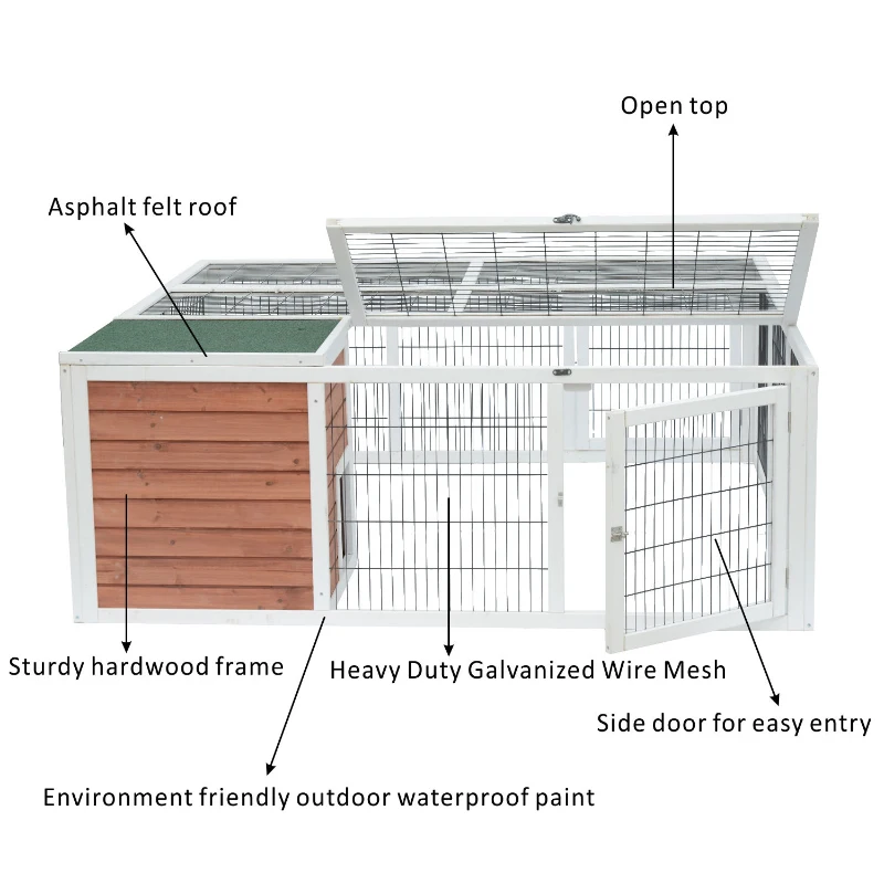 PawHut 64" Wooden Outdoor Guinea Pig Hutch Rabbit Cage Playpen with Run and Enclosed Cover