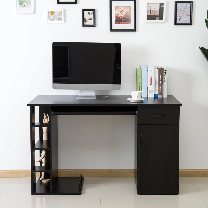 HomCom 47" Compact Wooden Modern Home Office Desk with Storage Shelves and Cabinet - Black