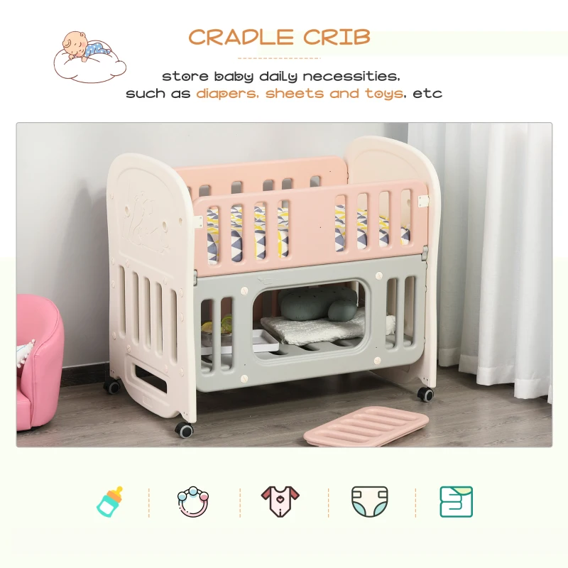 Qaba Convertible Crib with Wheels, Bedside Bassinet Use, and Rocking Cradle Abilities, Baby Crib without Mattress, Colors for Baby Boy or Baby Girl, Bassinet Crib, Pink