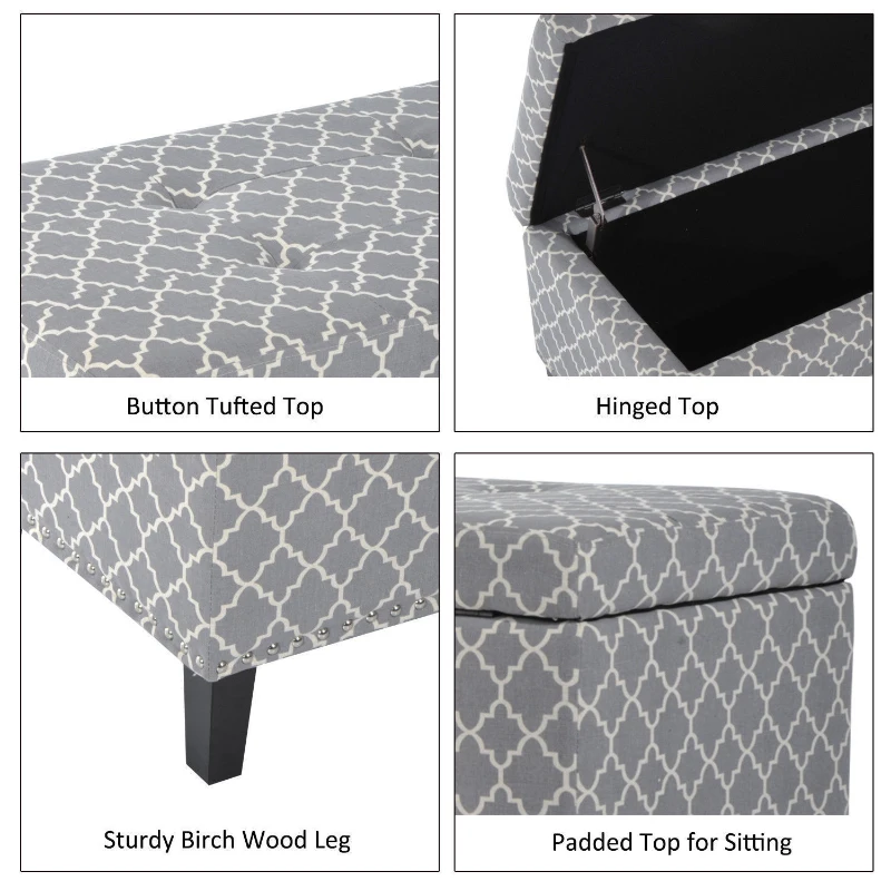 HomCom 42" Elegant Soft Fabric Tufted Storage Ottoman Bench Seat Bedroom Couch Footrest - Grey/White