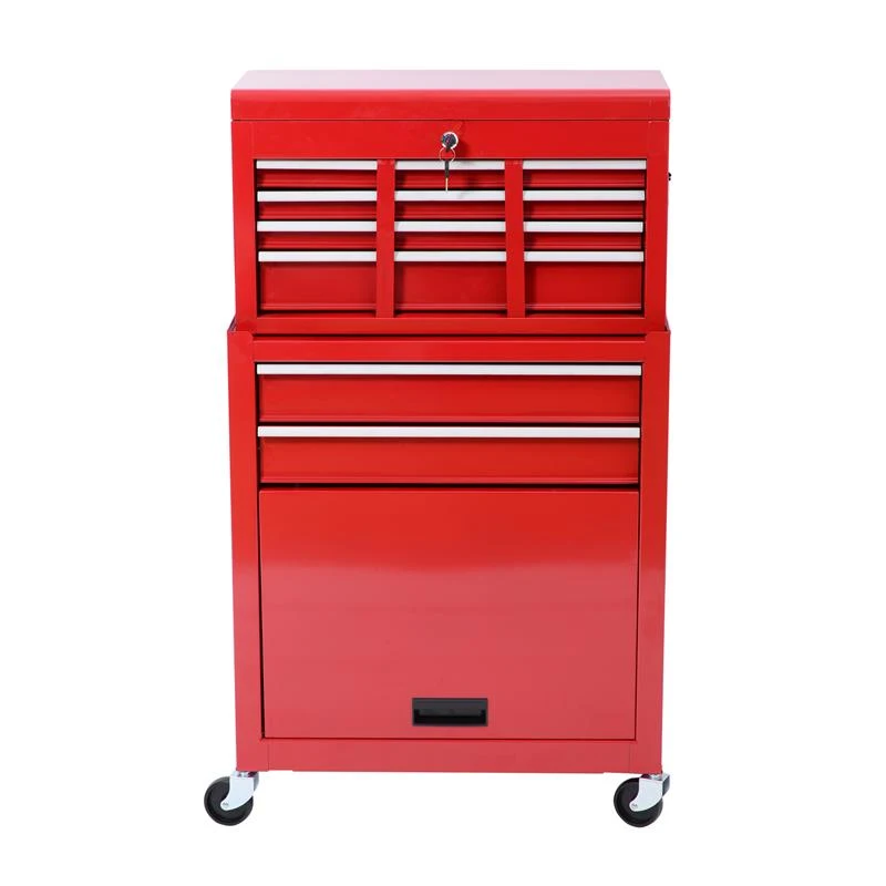 HomCom 2 Piece Rolling Tool Cabinet Combo Set with 8 Drawers and Removable Tool Box - Red