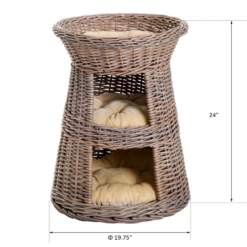 PawHut 24" 3 Tier Round Rattan Wicker Elevated Cat Bed Condo with Cushions