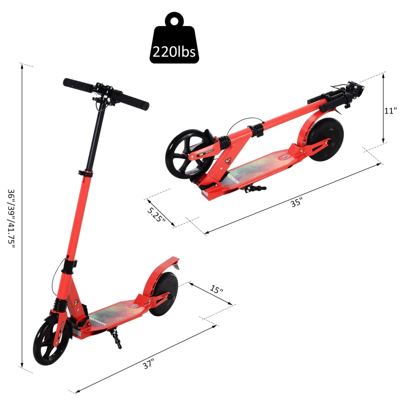 HOMCOM Kick E-Scooter Folding Adjustable - 8" Solid Wheels - Designed For Ages 14+ - Red