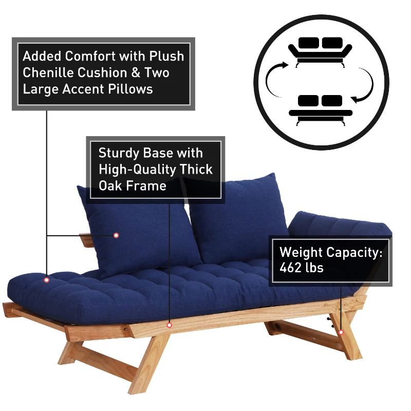 Open Box HomCom Single Person 3 Position Convertible Couch Chaise Lounger Sofa Bed - Natural Wood/Dark Blue