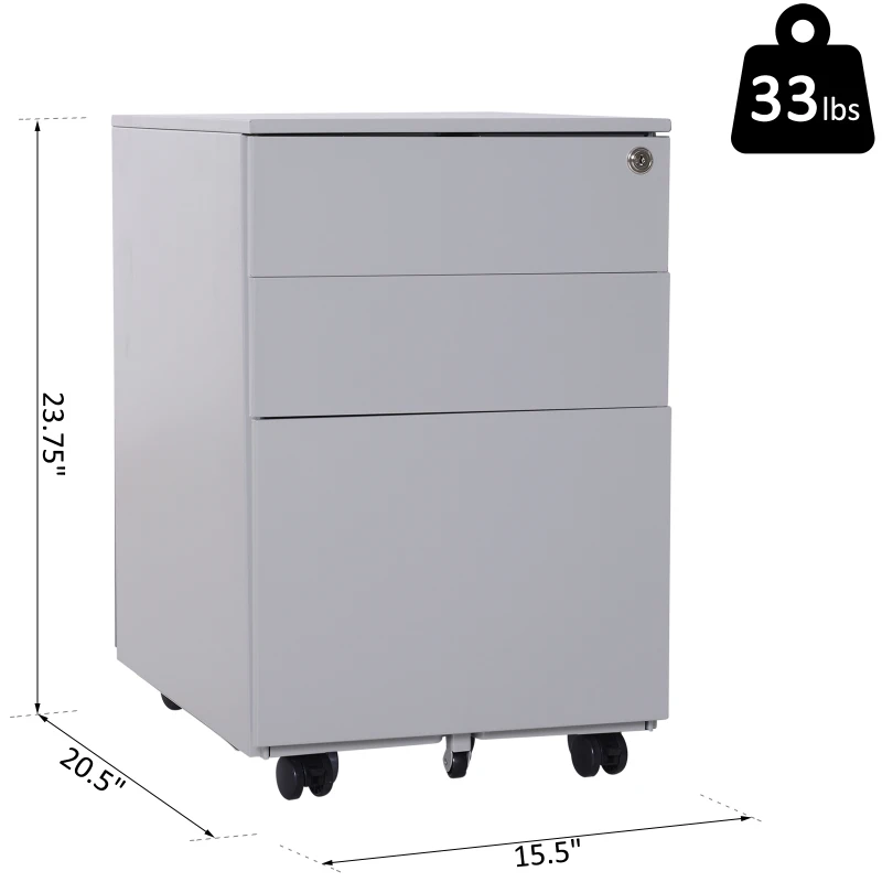 Vinsetto 24" Metal 3 Drawer Locking Under Desk Filing Cabinet On Wheels - Grey