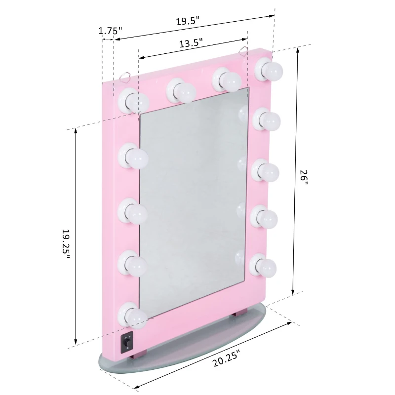 HOMCOM 20" x 26" Aluminum Alloy 26” Dimmable Illuminated Hollywood Style Vanity Mirror Mounted Home with 12 LED Bulbs - Pink