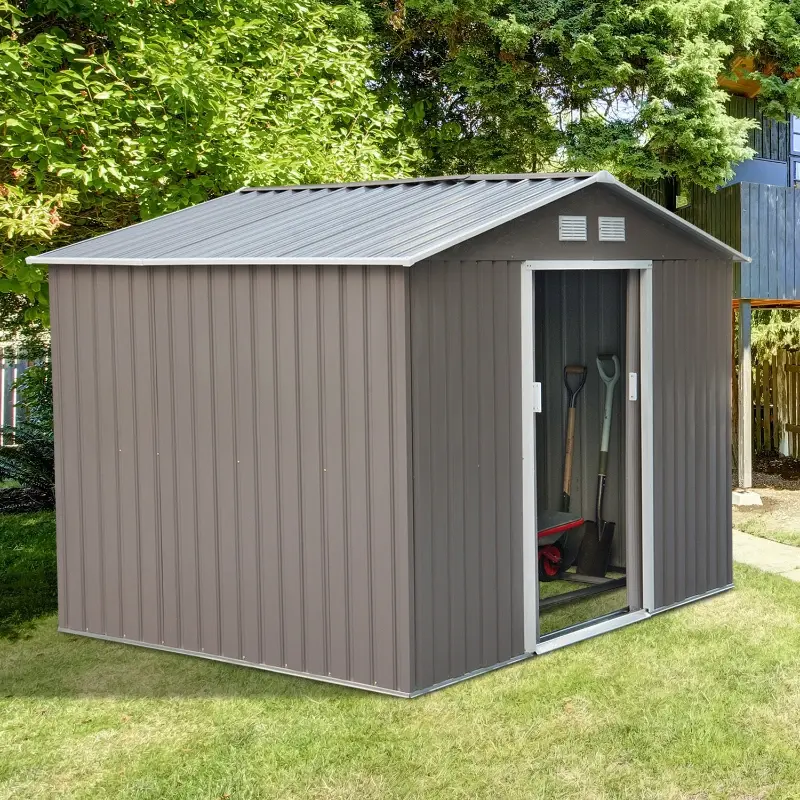 Outsunny 9' x 6' Outdoor Backyard Metal Garden Utility Storage Shed Garage Steel Tool Kit House with Sliding Door - Gray/White