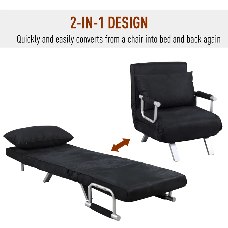 HomCom Single Person Folding 5 Position Steel Convertible Sleeper Bed Sofa Chair - Black