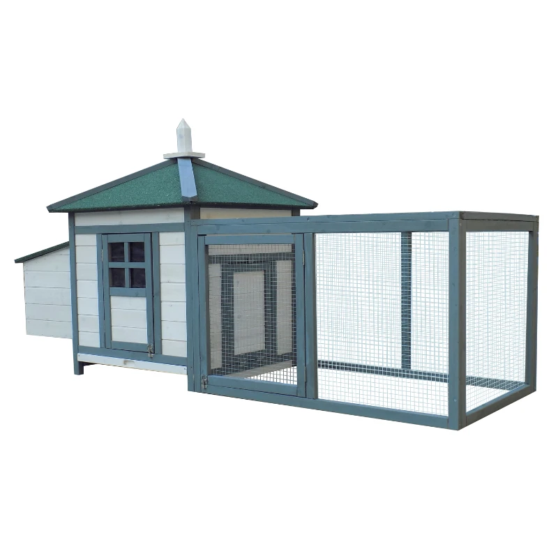 Pawhut 77" Premium Wooden Chicken Coop w/ Backyard Run and Nesting Box - White & Dark Grey