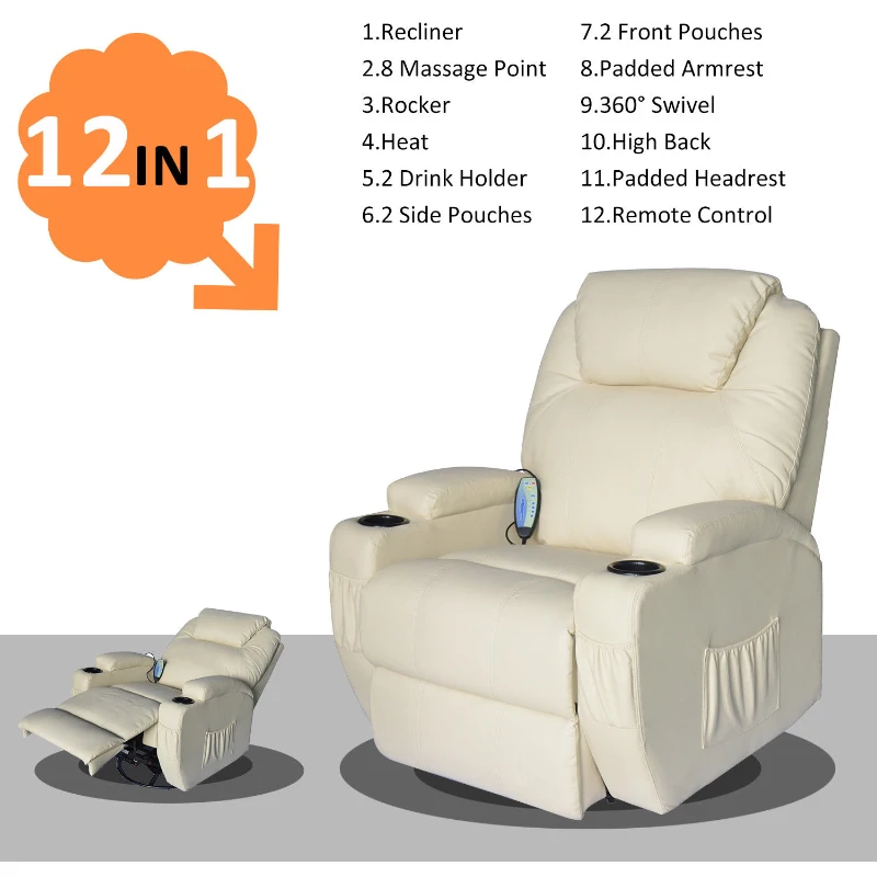 HomCom Faux Leather Heated Massage Recliner Chair with Remote - Cream White