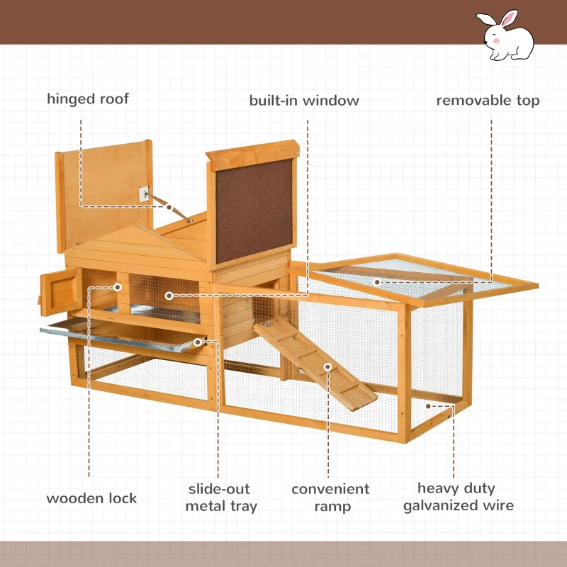 PawHut 62" Large Rabbit Hutch Outdoor Log Cabin Rabbit Cage Small Animal House with Run and Ramp