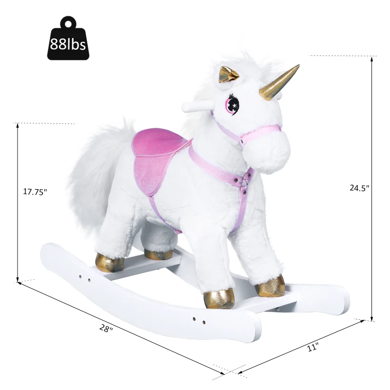 Qaba Unicorn Rocking Horse Toy with Sound for Kids  Wooden Plush Ride-On Rocker Battery Operated  White