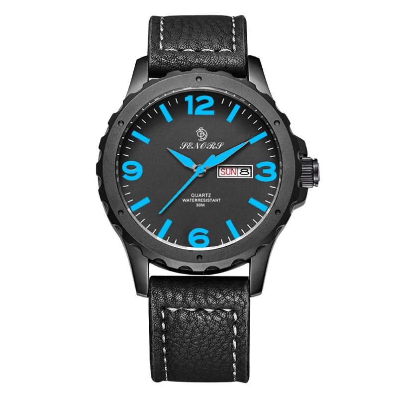 SENORS Mens Sports Watches Japan Movement Genuine Leather Band Three Quartz Movement Man Clocks Waterproof--black leather strap and blue dial plate